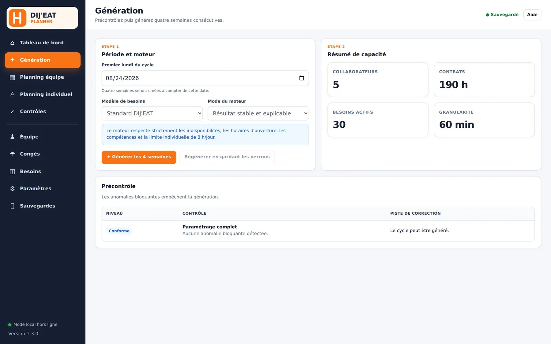 Écran de génération de DIJ’EAT Planner